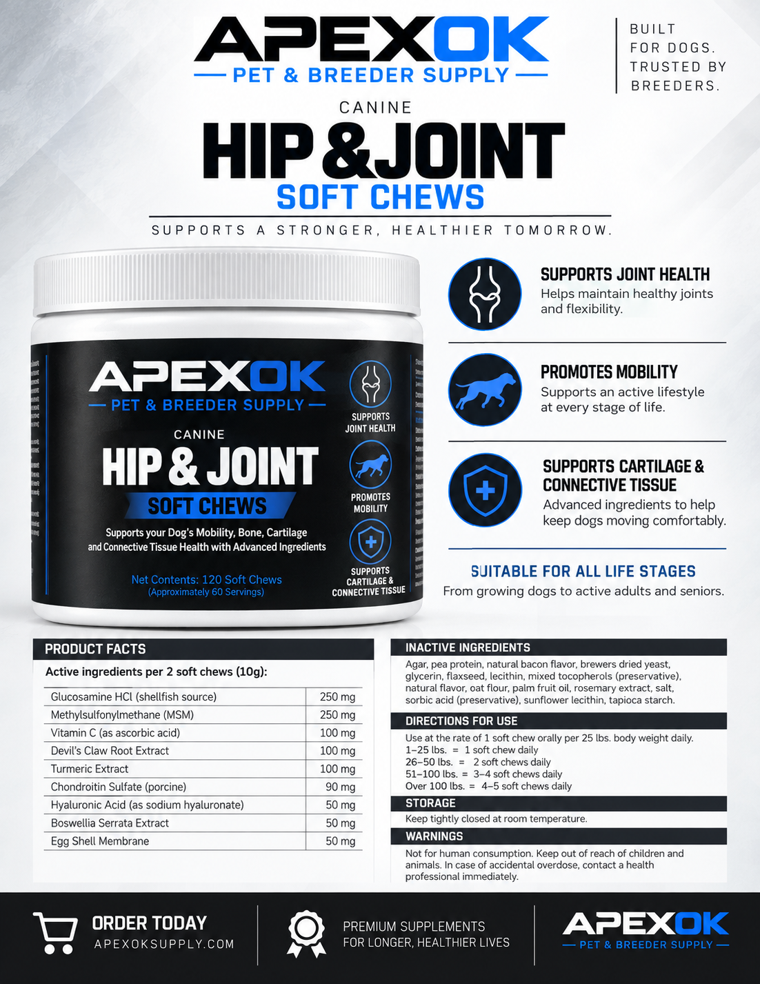 APEXOK Hip & Joint Supplement- 240 Soft Chews (4 Pack)