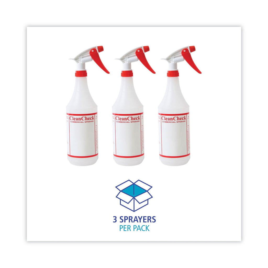 Boardwalk Trigger Spray Bottle, 32 oz, Clear/Red, HDPE, 3/Pack