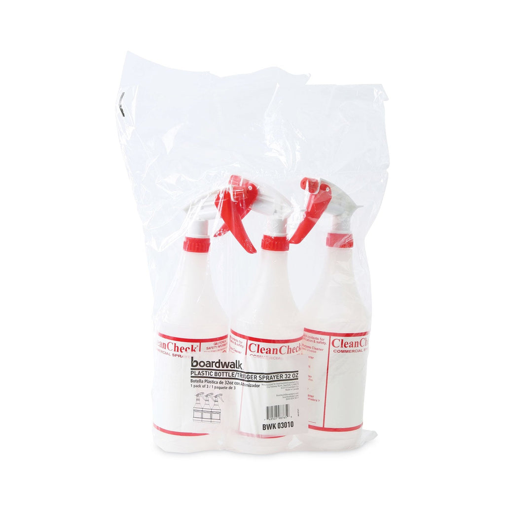 Boardwalk Trigger Spray Bottle, 32 oz, Clear/Red, HDPE, 3/Pack