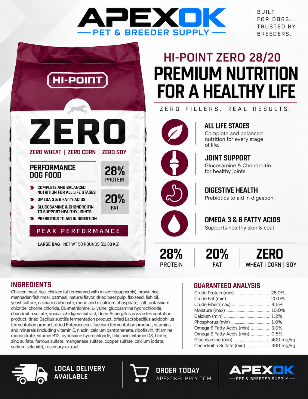 HIGH POINT ZERO Dog FoodPerformance 28/20 Adult and Puppy Dog Food -50 LBS