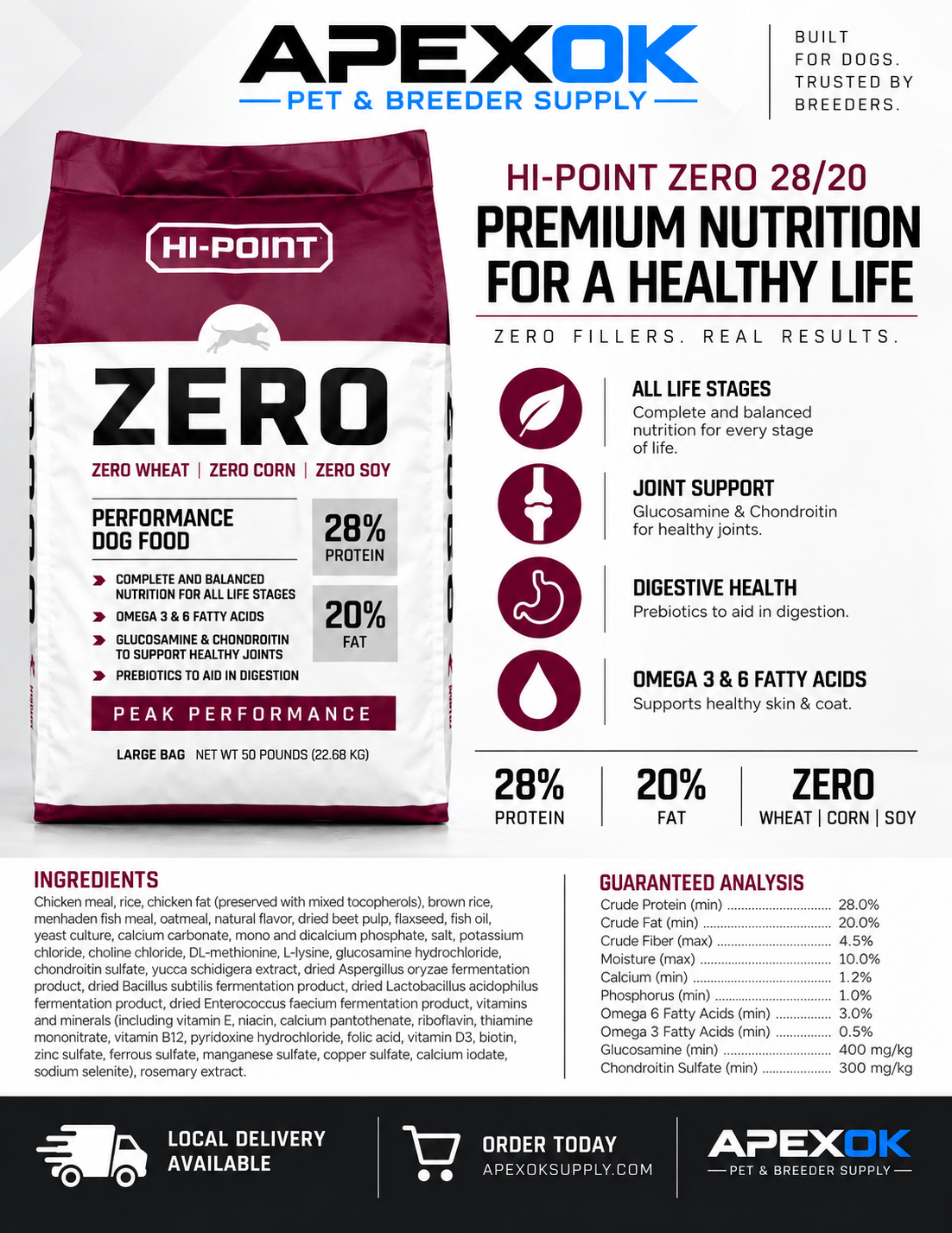HIGH POINT ZERO Dog FoodPerformance 28/20 Adult and Puppy Dog Food -50 LBS