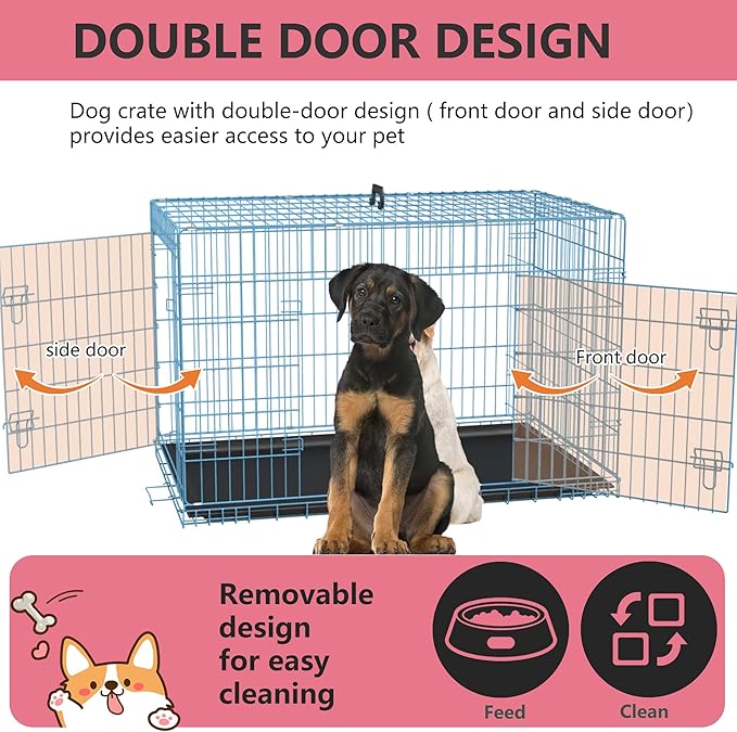 FDW Dog Crate for Large Dogs 48 Inch Folding Metal WirePet Cage Double Door W/Divider Panel Indoor Outdoor Kennel Leak-Proof Plastic Tray,Blue