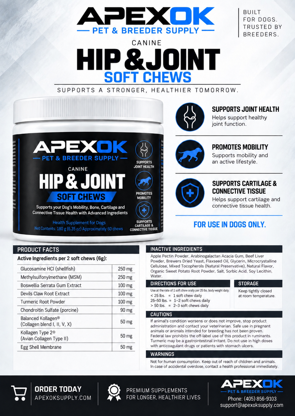 APEXOK Canine Hip & Joint Supplement- 60 Soft Chews