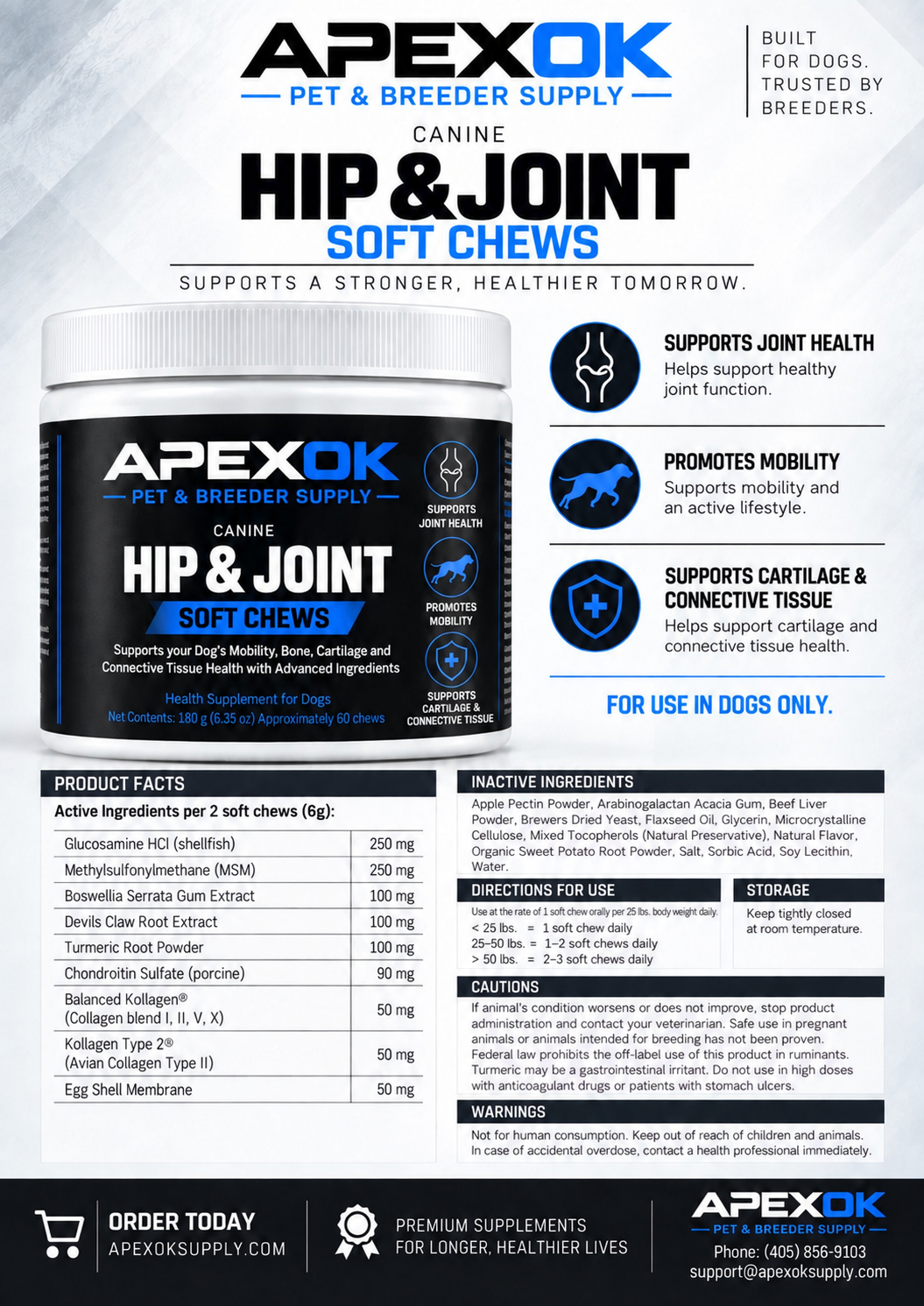 APEXOK Canine Hip & Joint Supplement- 60 Soft Chews