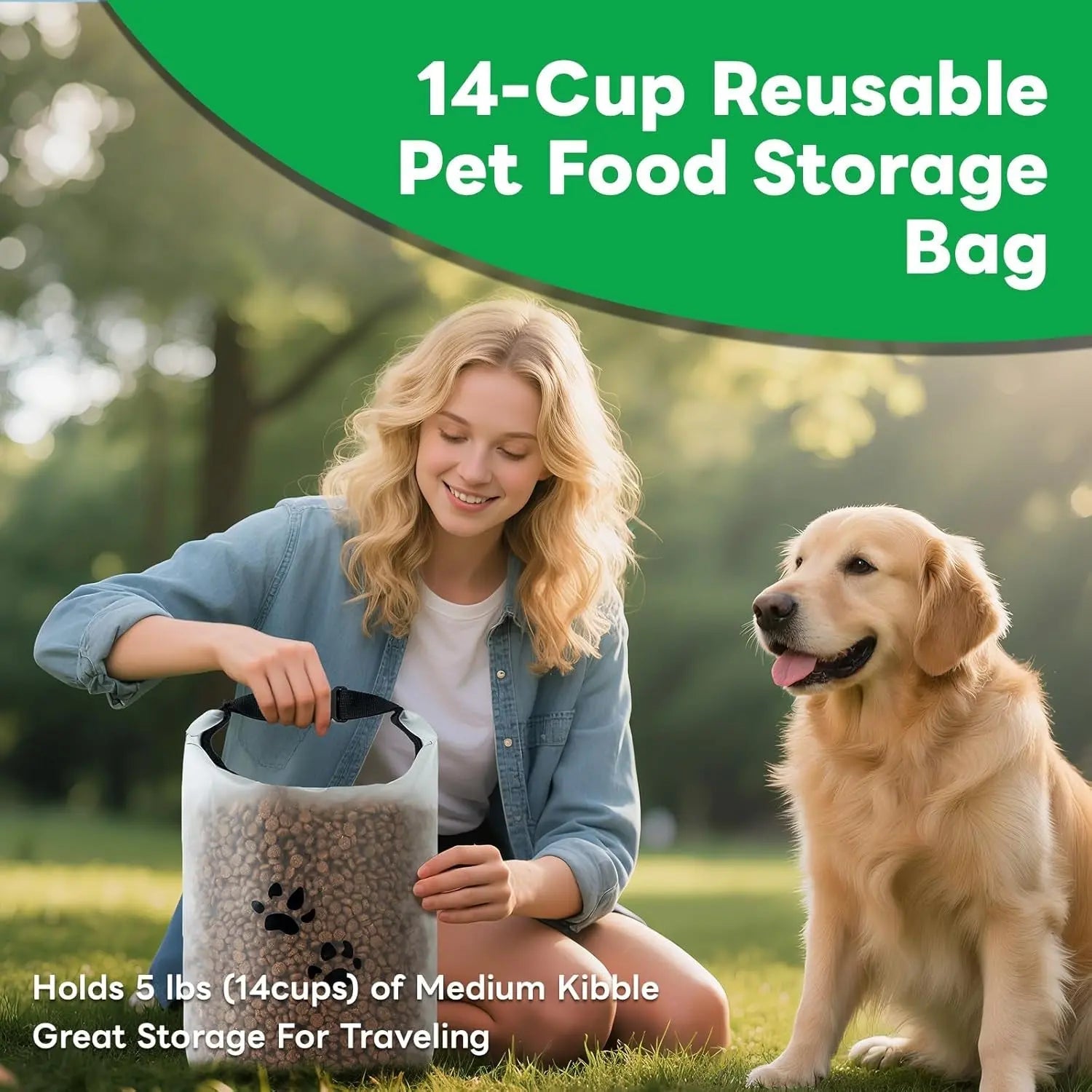 Travel Dog Food Storage Bag, Roll-Top Airtight Kibble Container 14 Cups