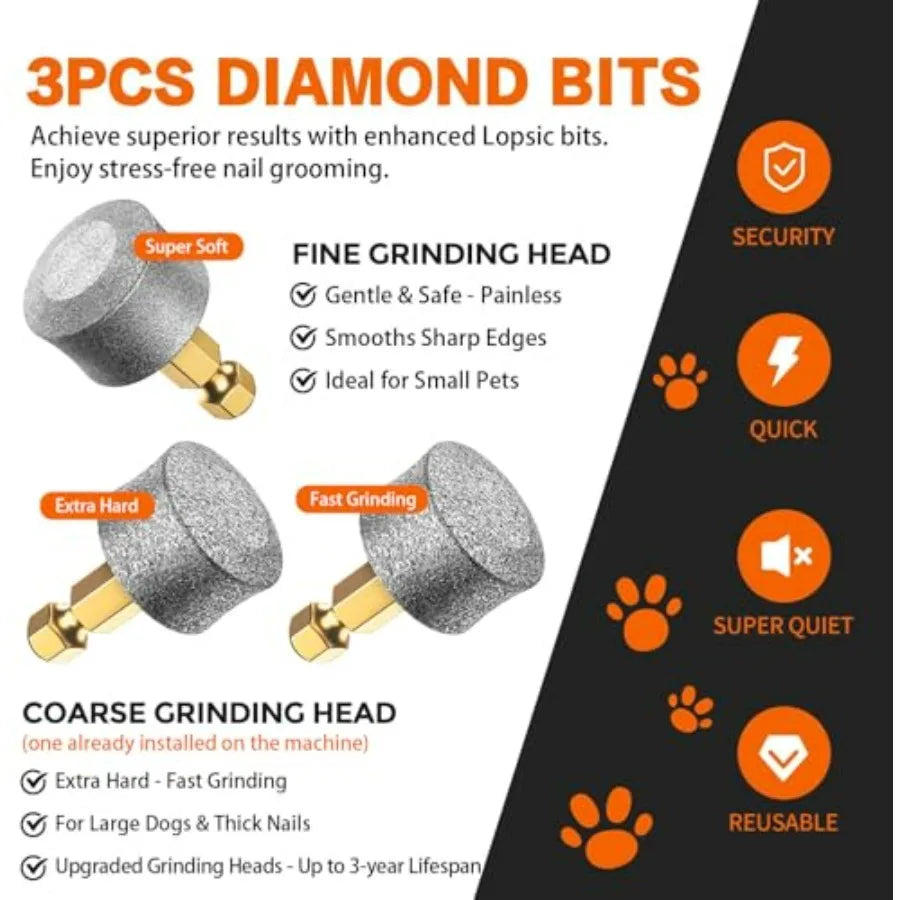 Whisper Quiet Dog Nail Grinder with 4 LED Lights, Safe and Stress-Free for Sensitive Dogs Cats of All Breeds and Sizes, 3 Grind