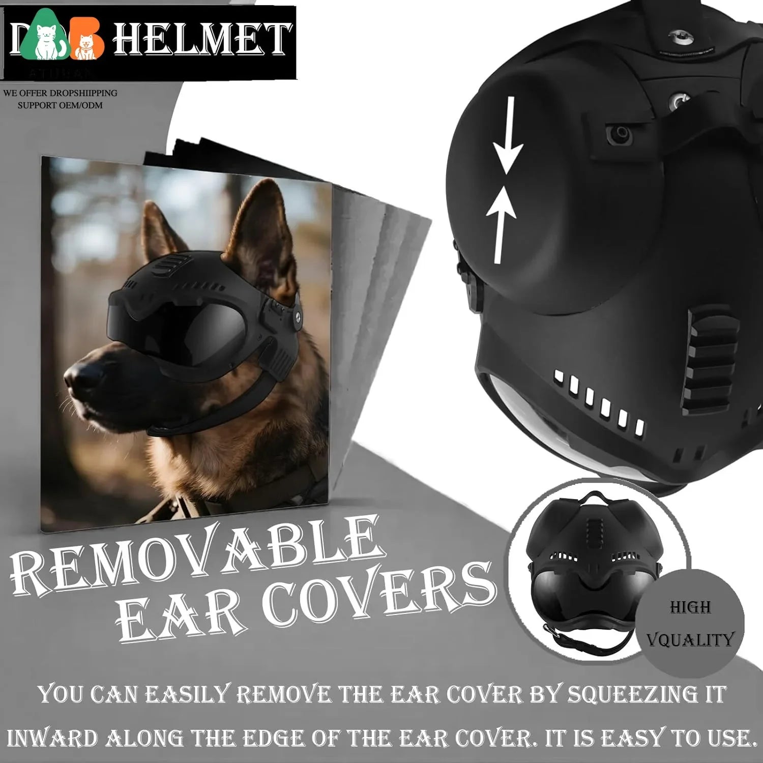 ATUBAN K9 Tactical Dog Helmet with Goggles, Windproof and Impact-Resistant Head Protection for Dogs,Adjustable Strap for Outdoor