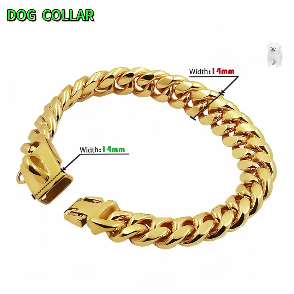 Metal Dog Collar Stainless Steel Pet Choker Gold Cuban Link Chain 14mm Wide Lead for Small Medium Large Dogs Pet Accessories