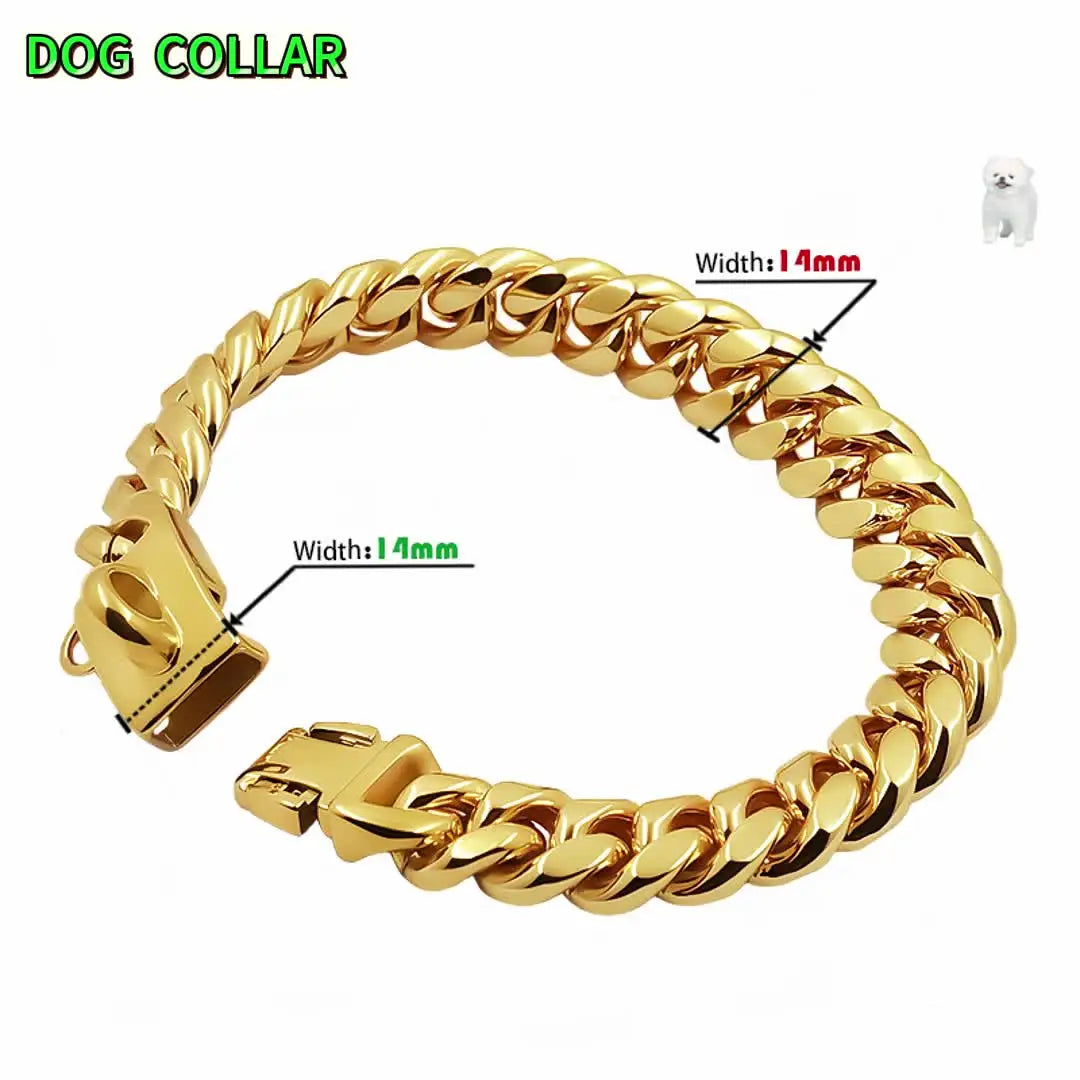 Metal Dog Collar Stainless Steel Pet Choker Gold Cuban Link Chain 14mm Wide Lead for Small Medium Large Dogs Pet Accessories