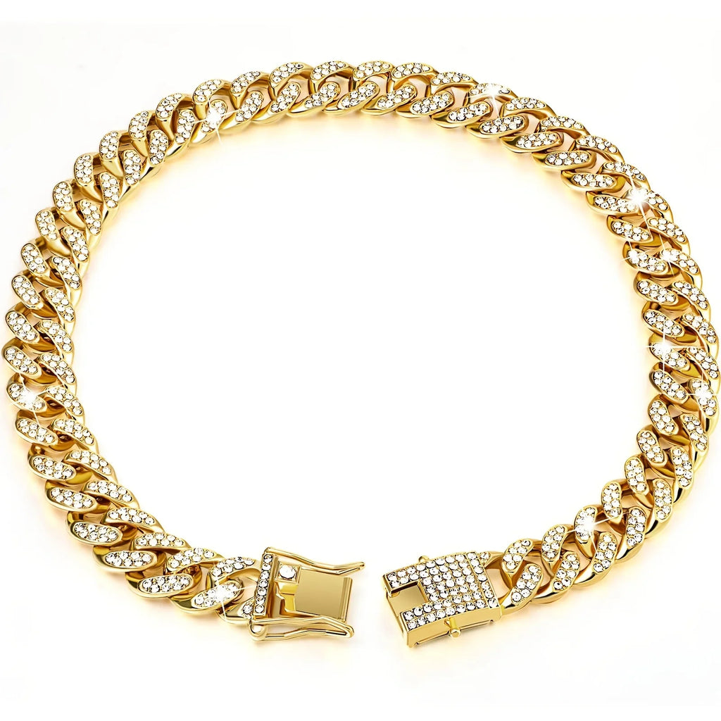Pet Dog Collar Cat Cuban Chain Diamond Walking Metal Chain Collar with Design Secure Buckle Jewelry Accessories Cuban Collar