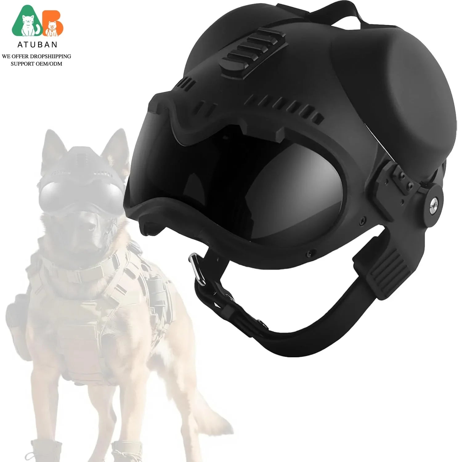ATUBAN K9 Tactical Dog Helmet with Goggles, Windproof and Impact-Resistant Head Protection for Dogs,Adjustable Strap for Outdoor