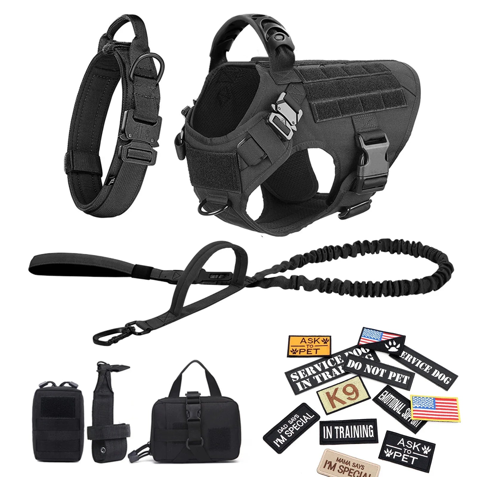 Military Large Dog Harness Collar Leash Bags Patches Set Pet Malinois Training Vests Tactical Dogs Harnesses Accessories
