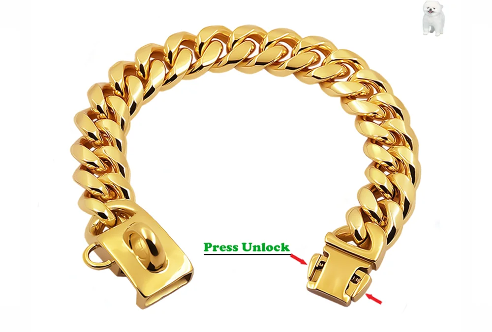 Metal Dog Collar Stainless Steel Pet Choker Gold Cuban Link Chain 14mm Wide Lead for Small Medium Large Dogs Pet Accessories