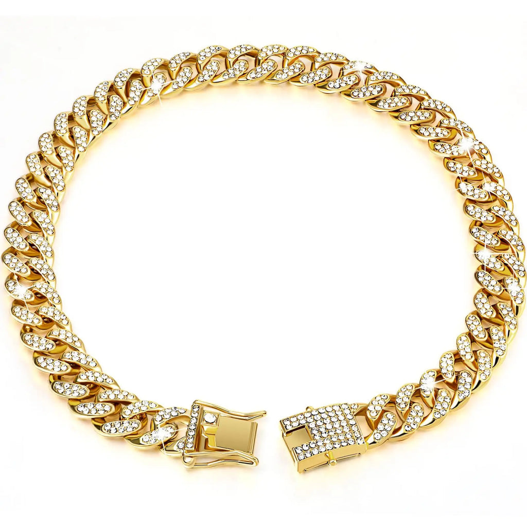 Pet Dog Collar Cat Cuban Chain Diamond Walking Metal Chain Collar with Design Secure Buckle Jewelry Accessories Cuban Collar