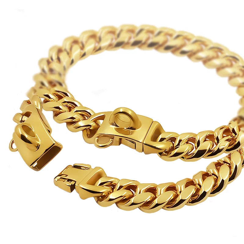 Metal Dog Collar Stainless Steel Pet Choker Gold Cuban Link Chain 14mm Wide Lead for Small Medium Large Dogs Pet Accessories