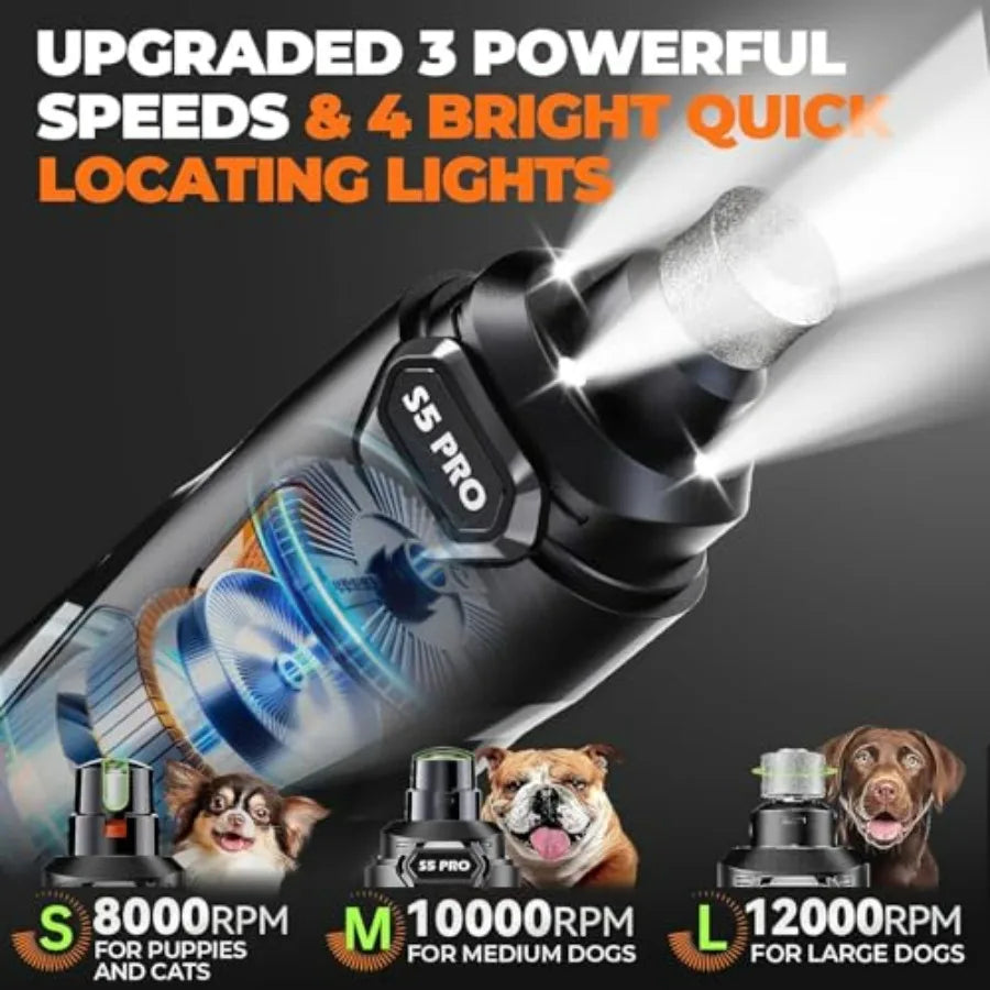 Whisper Quiet Dog Nail Grinder with 4 LED Lights, Safe and Stress-Free for Sensitive Dogs Cats of All Breeds and Sizes, 3 Grind