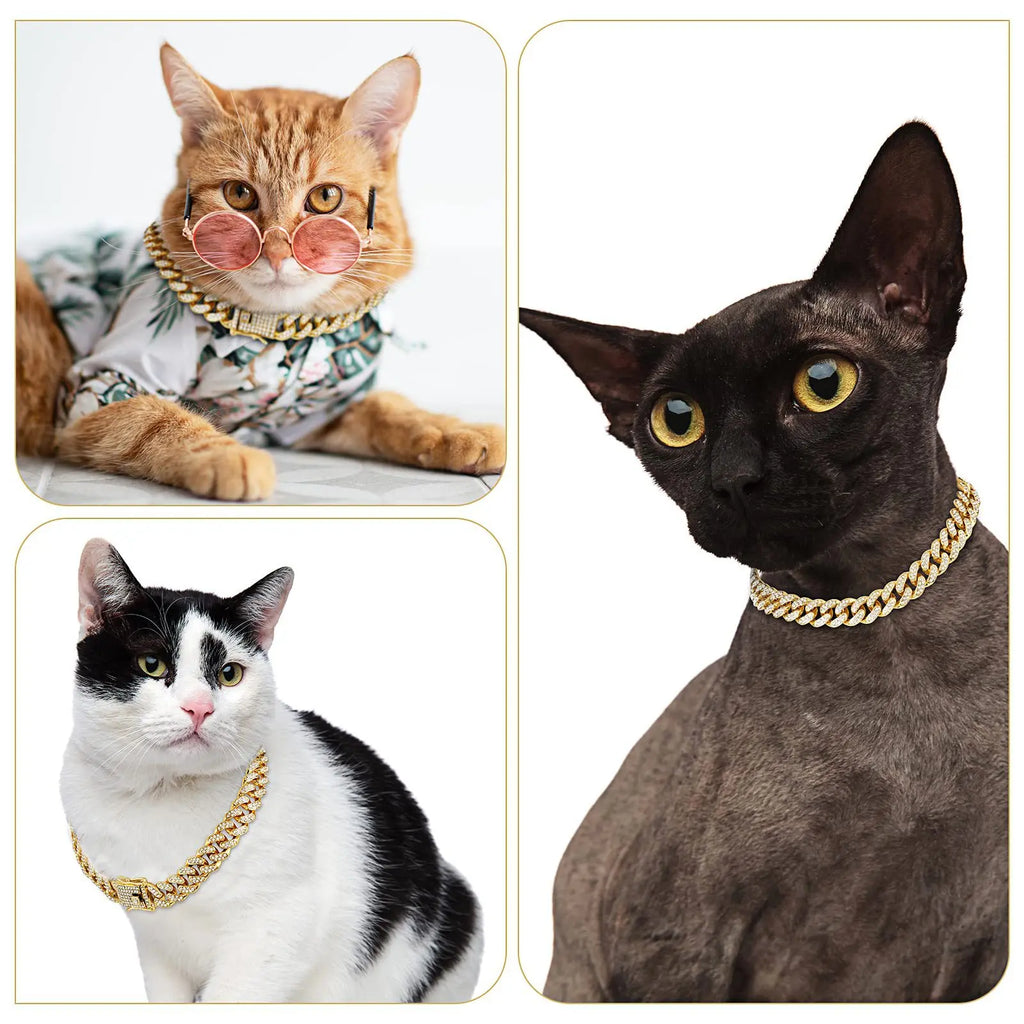 Pet Dog Collar Cat Cuban Chain Diamond Walking Metal Chain Collar with Design Secure Buckle Jewelry Accessories Cuban Collar