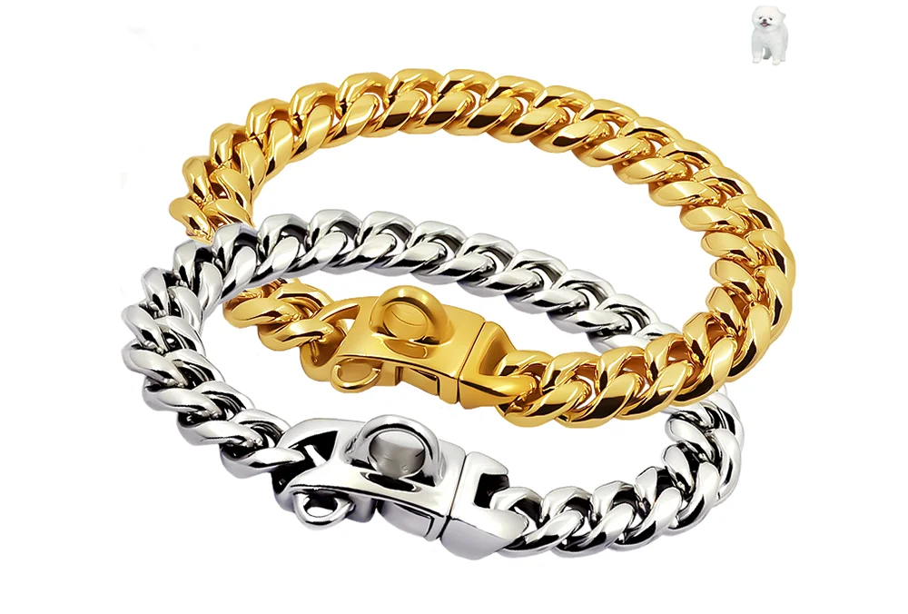 Metal Dog Collar Stainless Steel Pet Choker Gold Cuban Link Chain 14mm Wide Lead for Small Medium Large Dogs Pet Accessories