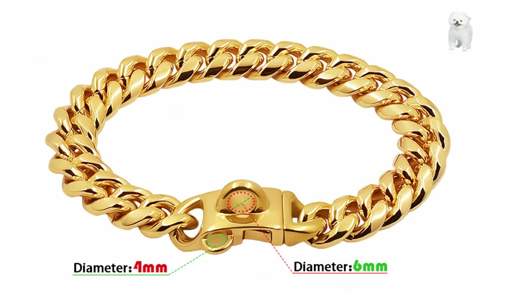 Metal Dog Collar Stainless Steel Pet Choker Gold Cuban Link Chain 14mm Wide Lead for Small Medium Large Dogs Pet Accessories