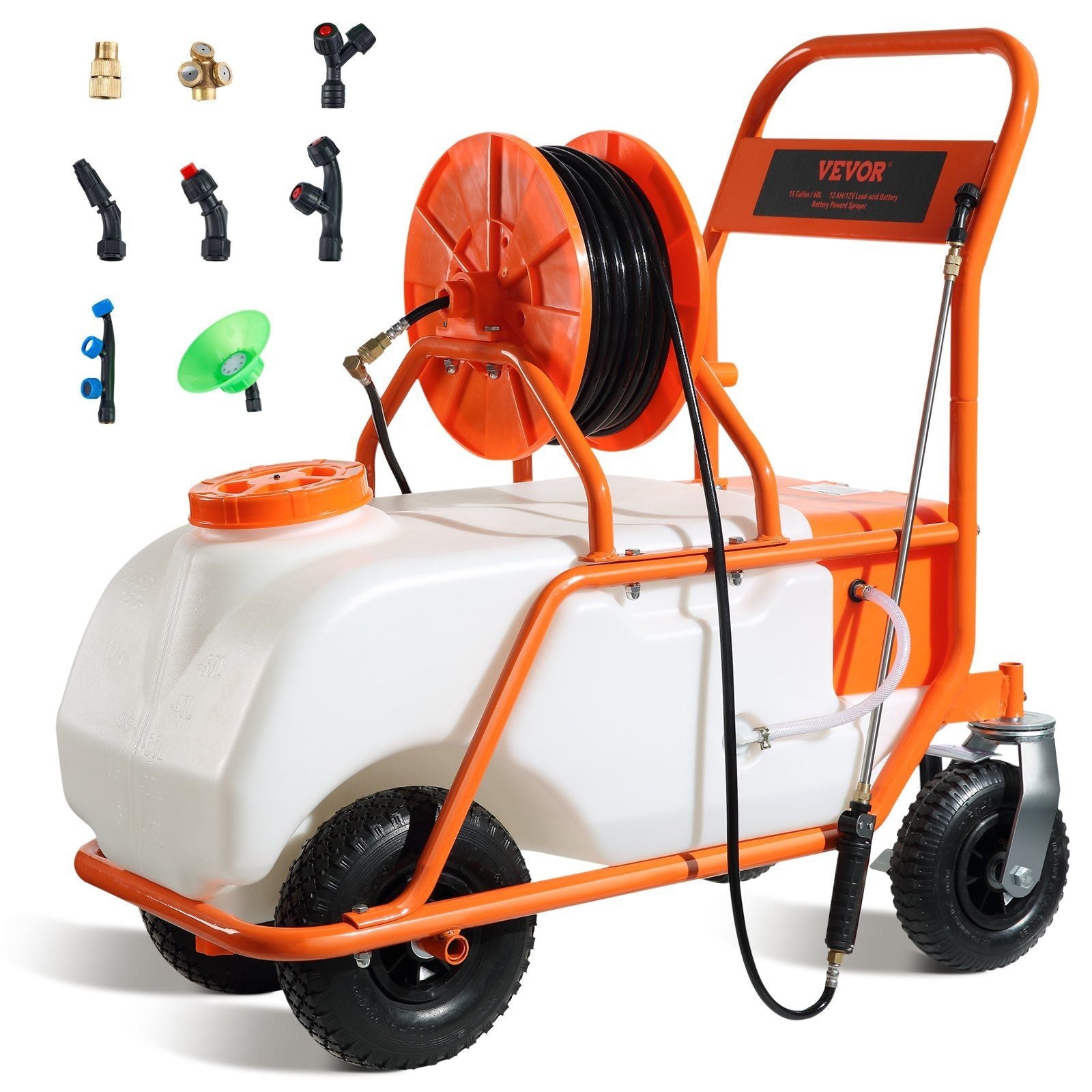 Battery Powered Lawn Sprayer on Wheel, 0-90 PSI Adjustable Pressure, 15 Gallon Tank, Cart Sprayer with 8 Nozzles and 2 Wands, 12V 12Ah Battery, Wide Mouth Lid for Weeding, Spraying