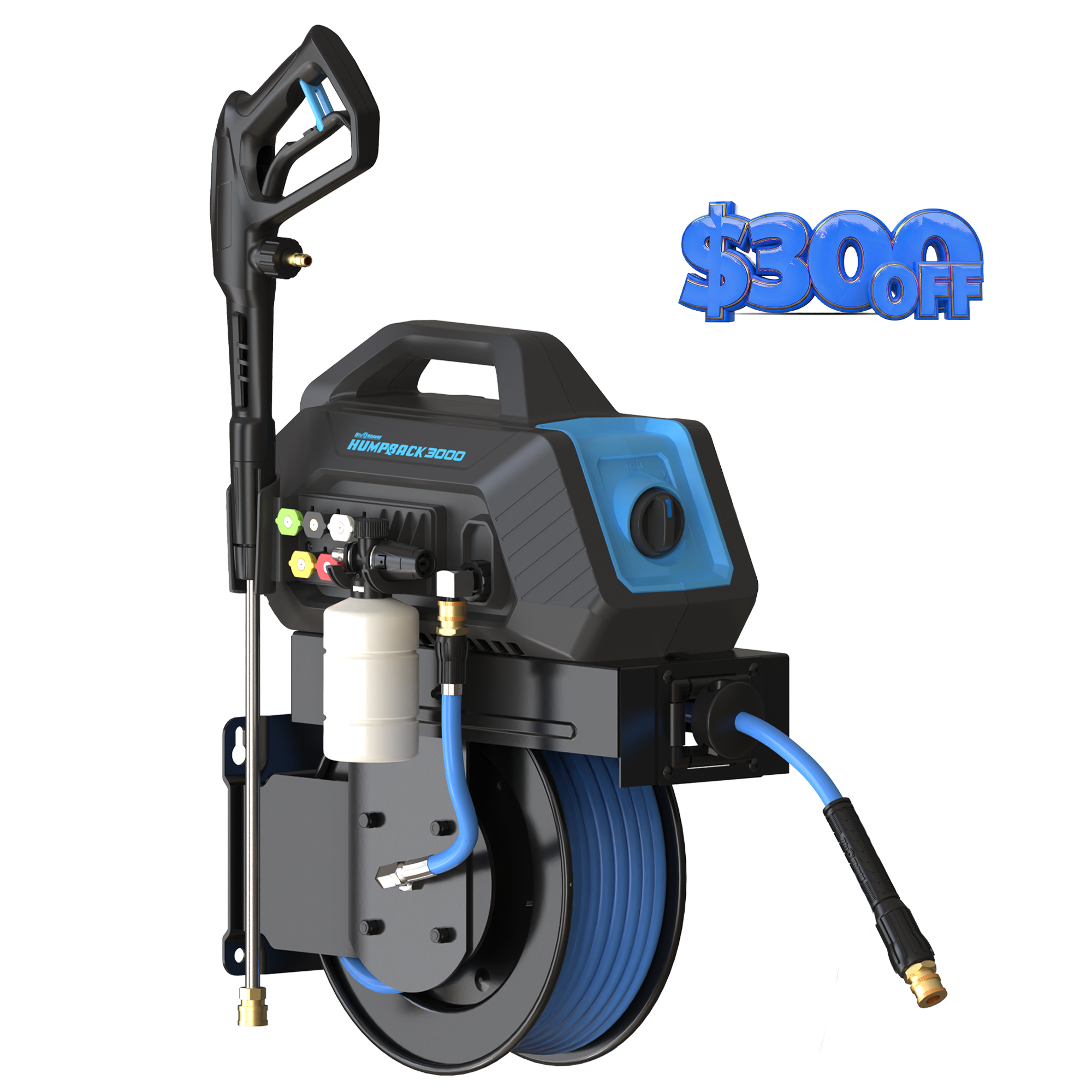 BluShield HumpBack 3000PSI All-in-One Pressure Washer System, Auto-Retractable Hose Reel, Industrial Pump, Accessories
