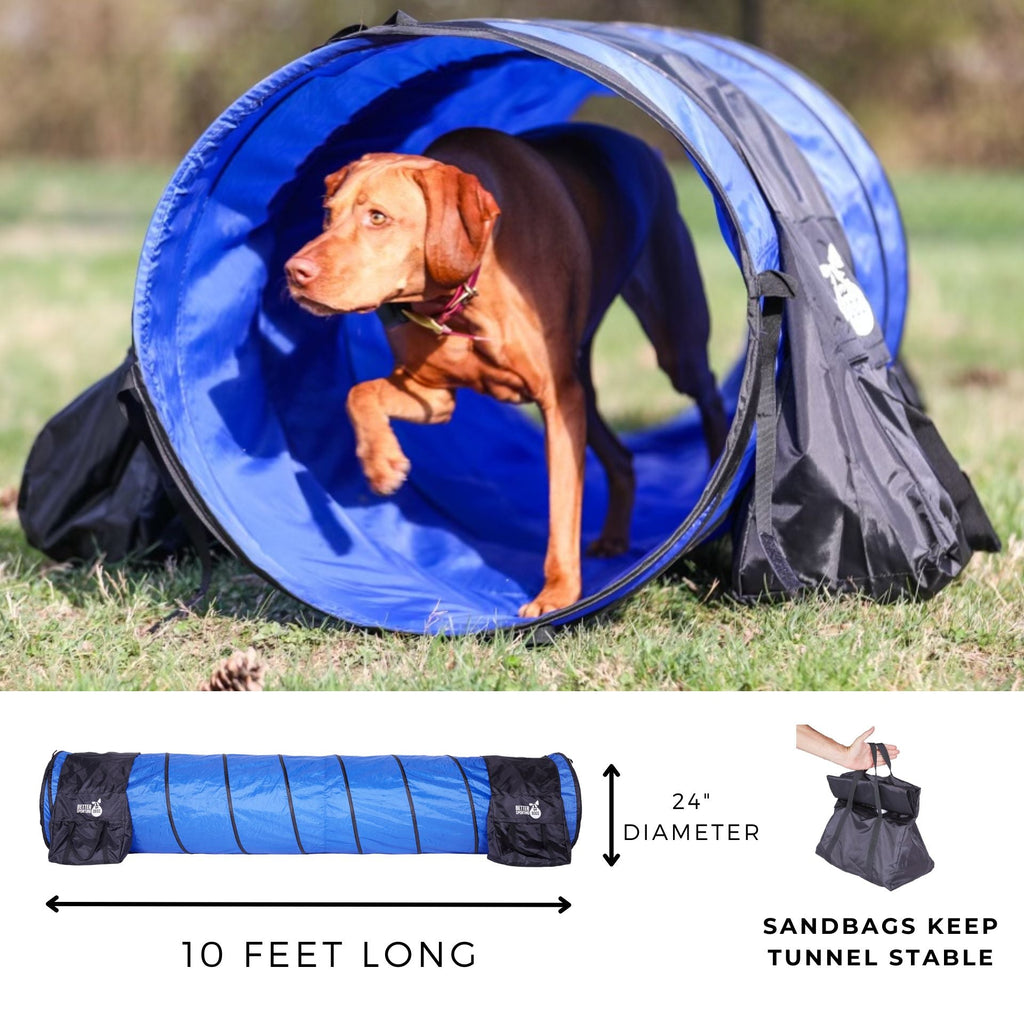 Better Sporting Dogs Upgraded Dog Agility Set – 7 Piece Training Kit with Safety Breakaway Tire Jump, Displacement Bar Jumps, Tunnels, Weave Poles & Pause Box